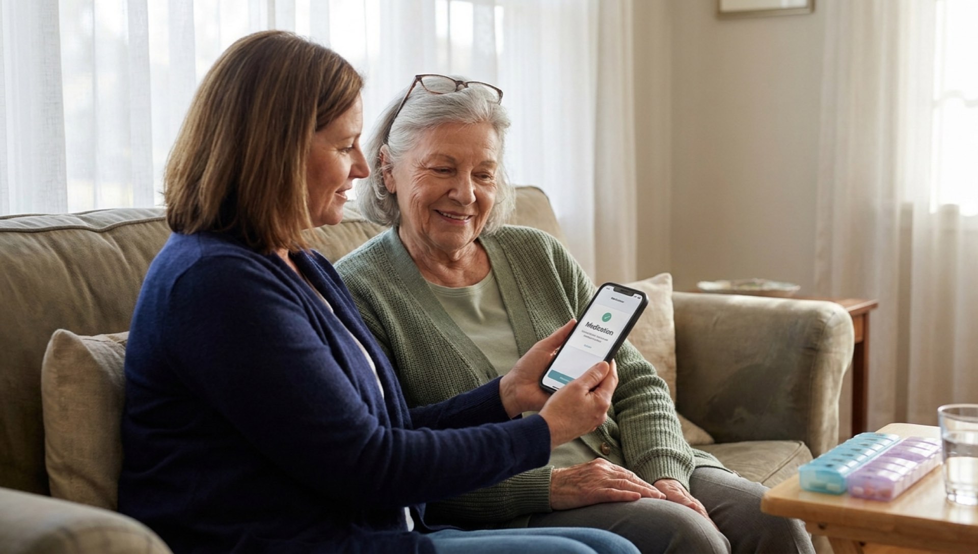 Adult daughter sitting with elderly mother on a sofa, both smiling warmly in soft natural light